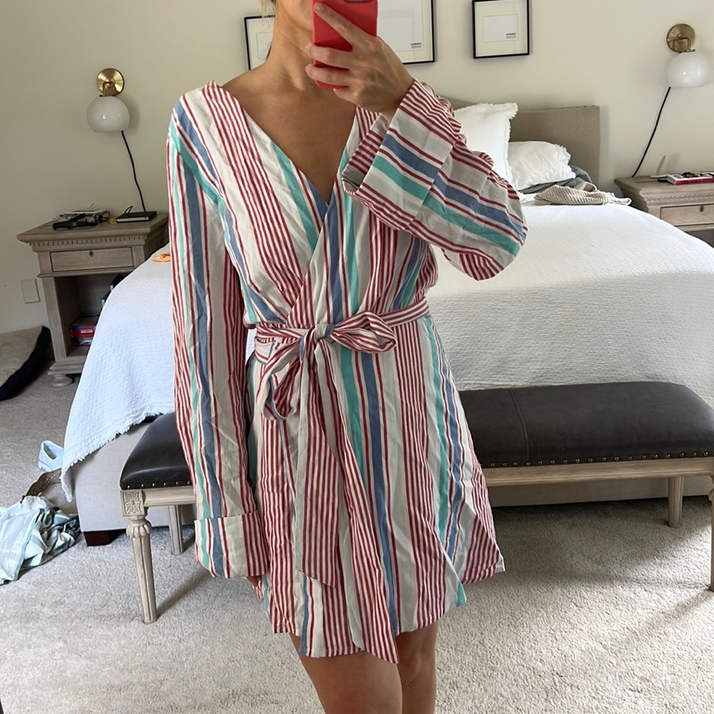 New with tags - L’Academie Striped Long Sleeve Mini Tie Waist Dress
